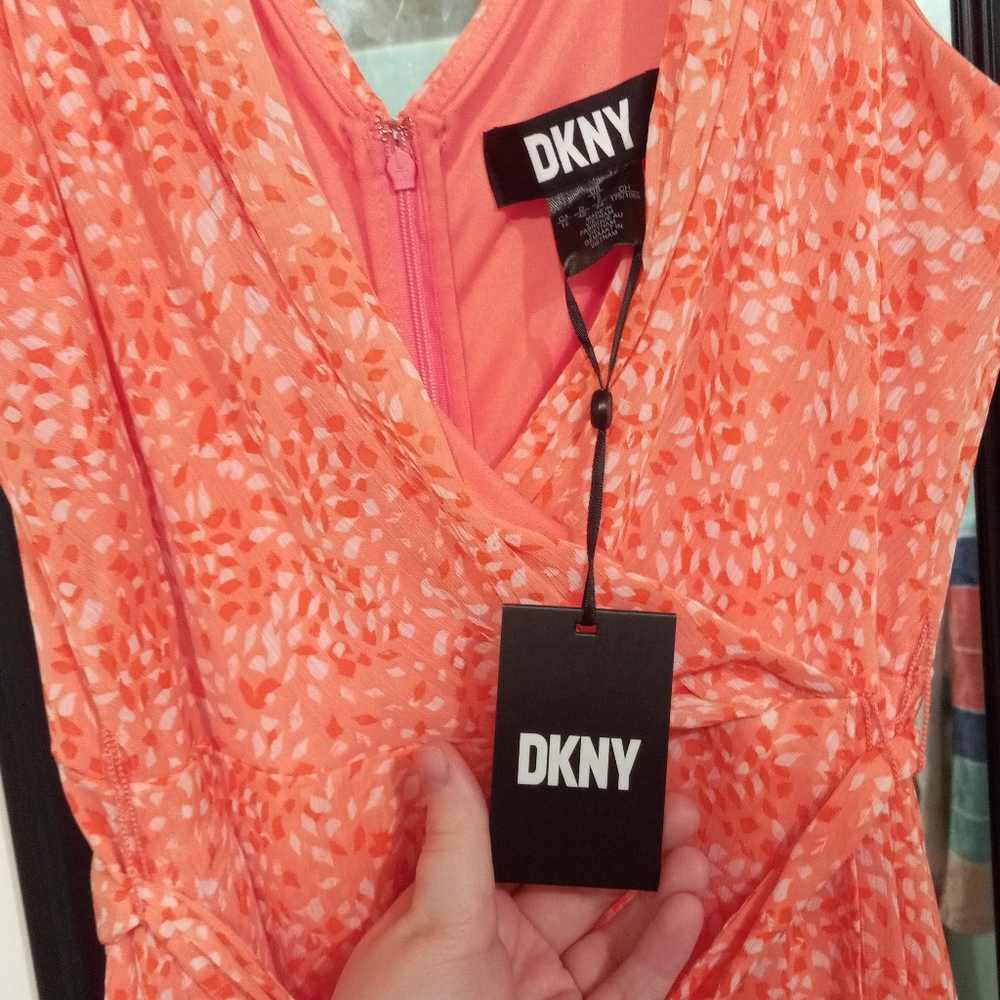 🧁B2G1🧁 DKNY Coral High Low Faux-Wrap Dress with Tie - Picture 8 of 13